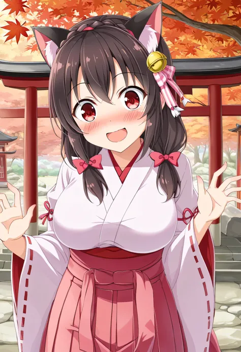 yunyun、masterpiece, best quality,  high definition ,one person, Yunyun、 Former name yunyun,  crown blade the same color as my hair,  black hair、Red eyes、 hair accessory with a bell ,  hair bow, ( white and pink shrine maiden costume 、Hakama is a red )、She ...