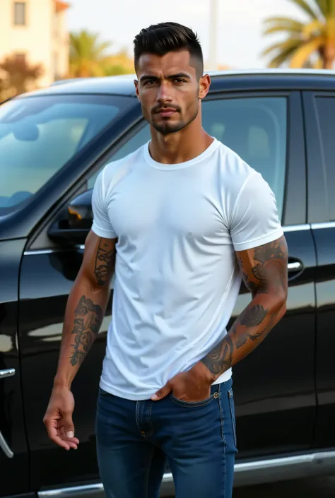 30 year old sexy man, muscular, dark blue jeans, white tight shirt, black short hair, 3 day beard, sporty, tattooed, standing on...