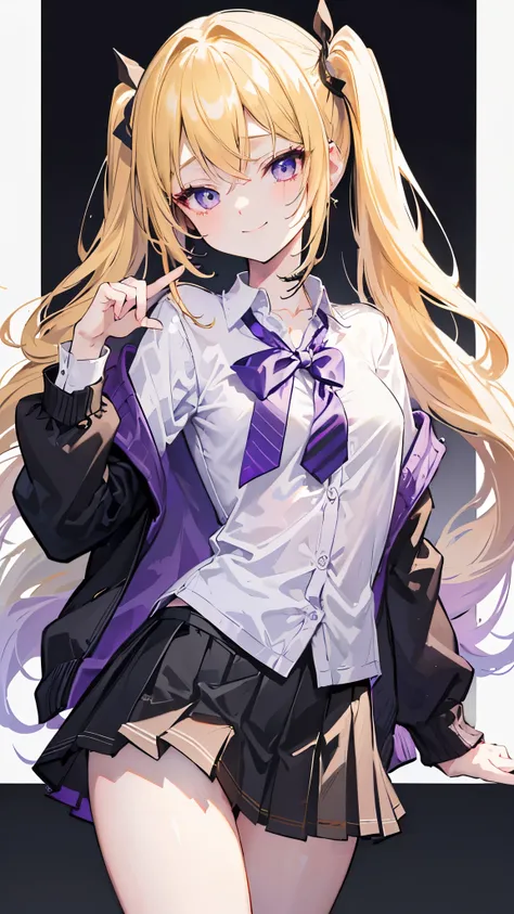 ((masterpiece、 best quality、 very detailed ))、 one girl 、improve、Yellow Hair、shoulder length、twintails、purple gradient 、 gray eyes、evil smile、Moderate breasts、(( white collared shirt))、((black cardigan))、(( black pleated skirt))、((micro miniskirt))、 cowboy...