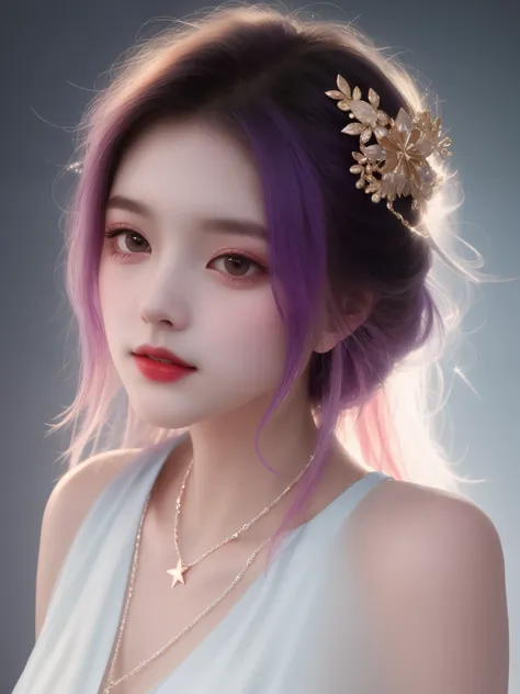 best quality, masterpiece, high resolution, 1 Girl,flirtatious，Colored hair，(Charming smile:0.8),Star-shaped pupil,china hanfu,Hair accessories,necklace, Jewelry,Pretty Face,Above_Body, Tyndall effect,Reality, Dark Studio, Rim Light, Two-tone lighting,(Hig...