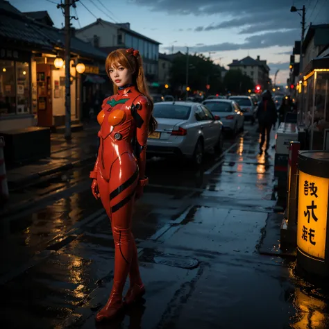 best quality, masterpiece, realistic, photorealistic, 1girl, solo, looking at viewer, full body, standing, long hair, asuka cosplay costume, cosplay, plugsuit, bodysuit, hair ornament, detailed background, in street, night, light, rain,