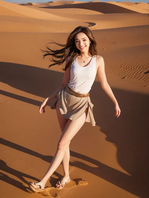  best quality　masterpiece　 Details　A super beautiful woman is smiling and walking on desert sand in a miniskirt　Photo style　 imaginary　 Fantasy 　 beautiful view