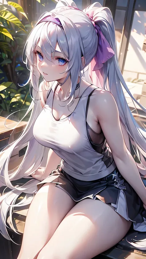 ((  silver hair)),  very detailed face and eyes ,  very long hair,  jewelry, Purple Hairband, masterpiece, textured skin, (Super detailed),  Award-winning , ( best quality),, in forest,  tree々 sunlight shining through between  , ( tank top ), whole body,  ...