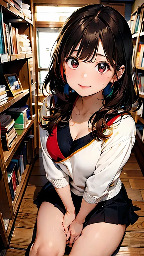  blown v-neck sweater 、Kind Face、 Japanese anime style shortcuts with warm lighting 　 Full body brown hair , 　Knee-length　  mini skirt (masterpiece,  Best Quality ), ( colorful :1.4), the above, Alone,  there are many books on the bookshelf 、 and lots of b...