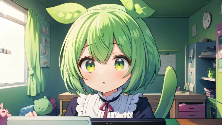 green hair,1girl,zundamon,room,personal computer