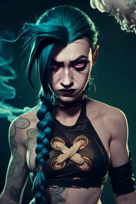 hyper realistic super detailed jinx cosplay , young girl, , very detailed, (hyper realistic: 1.4), in dynamic pose, angry face, ...