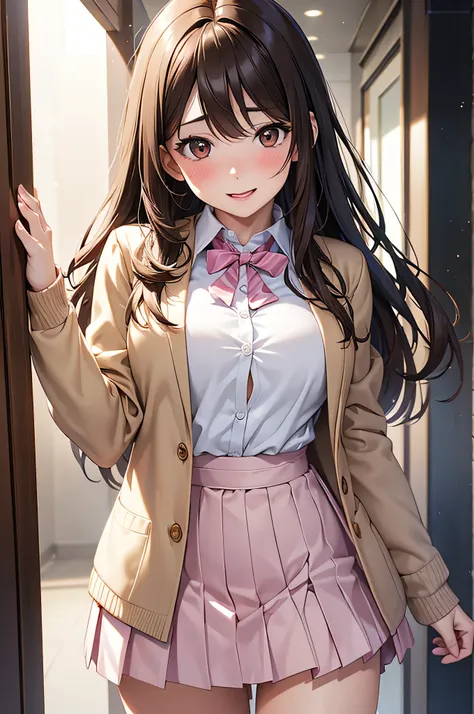  adult woman laughing, Alone,  sexy,8K resolution,(( best quality)), ultra high resolution, ( embarrassed face), ( Brown Eyes ),  beautiful symmetrical face , ( golden long hair), pink cardigan ,White shirt, uniform skirt,Realistic:1.4,Realistic:1.4,(maste...