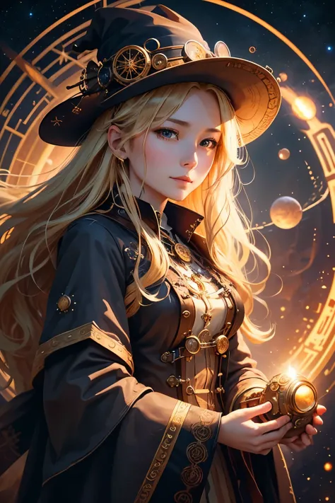 ( best quality:1.2)。( masterpiece:1.2)。steampunk。 One Woman 。Steampunk Witch。 wavy blond long hair 。A gentle smile。Looking into the distance 。Observing celestial bodies by looking through the lens of a big strange device。The background is a dynamic galacti...