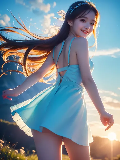  best quality　masterpiece　 Details　 super beautiful woman is smiling and wearing a light blue mini skirt dress　Beautiful backlighting 　Photo style　Artistic　 imaginary　 Fantasy 