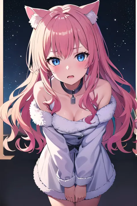 1girl,Samus aran,solo,blue eyes, pink hair, forehead hair, Moonlight-colored fur coat, silver-blue eyeshadow, white fur boots, cat ears, loose wavy hair,moon and starry night background, mysterious and alluring expression, relaxed pose,(cowboy shot:1.2),bl...