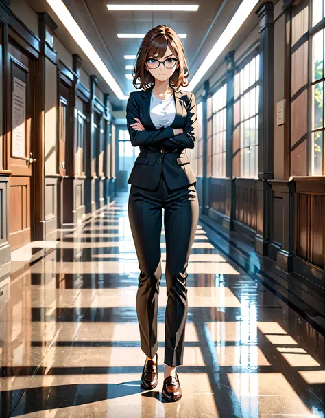 best quality, masterpiece, cinematic lighting, intricate, cinematic detailed realistic background, detailed face, full body, 1 female, solo, solo focus, brown hair, blue eyes, glasses, medium breasts, breasts, black pantsuit, white t-shirt, loafers, crosse...