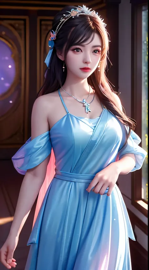 Best Quality, Masterpiece, High Resolution,The Tyndall effect,light rays,pink light particles,blue pupils, (surrounded by elements),glowing items:1.3,hazy, low-key: 1.1,Will-O-Wisp, 1 Girl, Porcelain Dress, Hair Accessories, Necklace, Jewelry, Beautiful Fa...