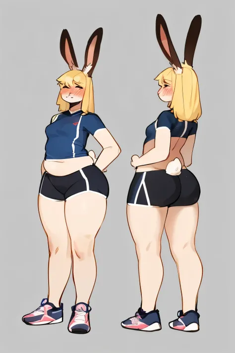 1 woman, By bebebebebe, by lostgoose, by goonie-san, solo, female, standing, rabbit/human hybrid, wide hips ,small , soft, long blonde hair, short, adult, wearing too small sports clothes. weak, slightly chubby, slender shoulders, bottom heavy, very wide h...