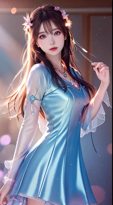 Best Quality, Masterpiece, High Resolution,The Tyndall effect,light rays,pink light particles,blue pupils, (surrounded by elements),glowing items:1.3,hazy, low-key: 1.1,Will-O-Wisp, 1 Girl, Porcelain Dress, Hair Accessories, Necklace, Jewelry, Beautiful Fa...