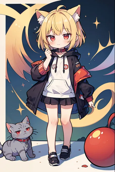 ((masterpiece)),((( best quality))),  girl, solo,  princess your toddler,   blonde short hair , Red eyes,Cat ears,Black collar,Purple hoodie,