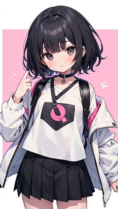 Black hair, short cut, kind face, modest personality, round head, sagging eyes, droopy eyes, girl, elementary school student, a little thin, jacket too big, white jacket, white T-shirt, pink miniskirt, black hair, bangs A little short, black eyes,flat ches...