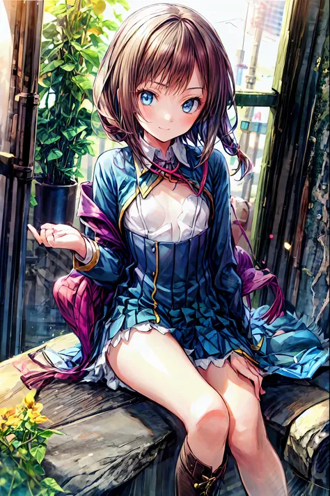 How a girl sits,bright spring sunshine ，Captivating smile，(( best quality)), ( very detailed), (High-resolution CG synthesis 8K wallpaper), 高いly detailed,  High Res Raw Color Photos,  Professional Photography , (((Bokeh))),  in four-frame comic style,Brown...