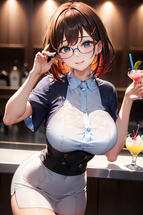 (((Glasses girl:1.3))),( serving beautiful cocktails at a dim bar counter,),(( White and black bartender uniform ,))、Idol Girl、( Woman bartender with reddish brown colorful straight bob cut hair  、hairpin)、 Emphasize big breasts、 、(((Pour ice into a shiny ...