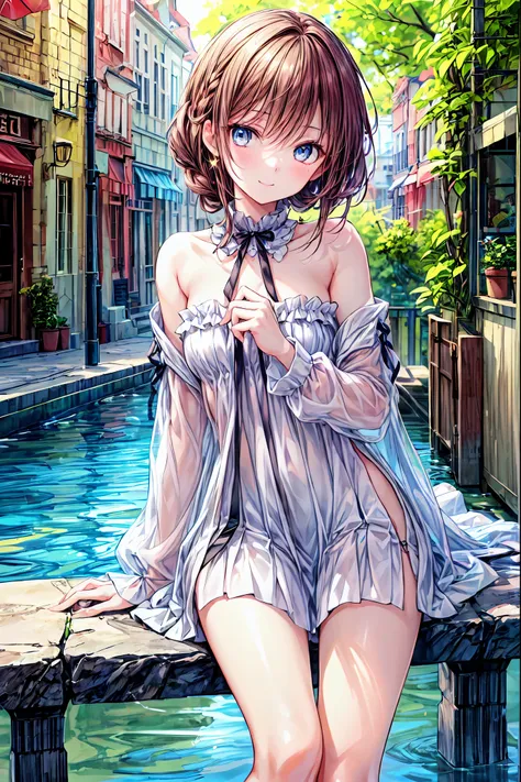 How a girl sits,bright spring sunshine ，Captivating smile，(( best quality)), ( very detailed), (High-resolution CG synthesis 8K wallpaper), 高いly detailed,  High Res Raw Color Photos,  Professional Photography , (((Bokeh))),  in four-frame comic style,Brown...