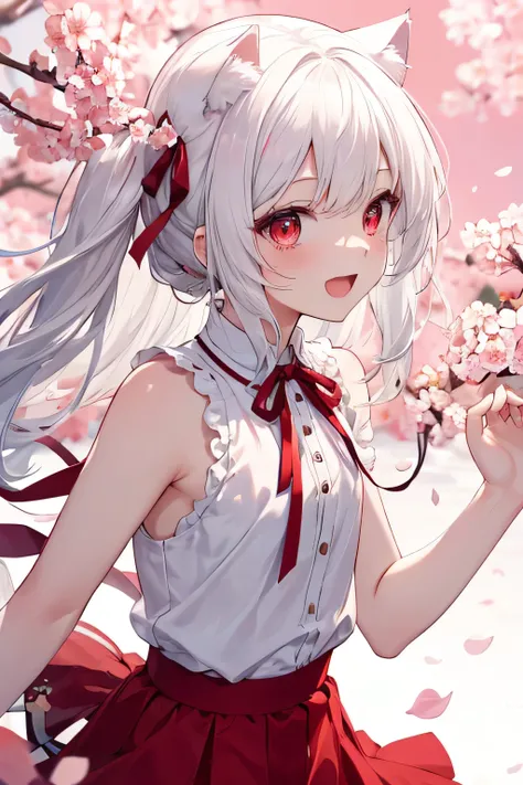 High definition, 초High definition, 16k,  white hair ,  cat ears, Red eyed , red and white Sleeveless, Lori, teenage girl, small chest,  cute , The younger , red ribbon on the head, super short red skirt,  side view , laughing, cherry blossom background, Lo...