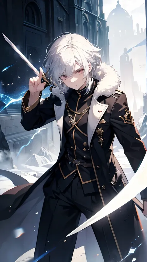 (masterpiece) 8k resolution,  adventurer with overcoat serious man, The beauty of fighting with swords , medium white hair,  golden eyes with extreme highlight , flashy eyes, soft smile, style model, fantasy style,