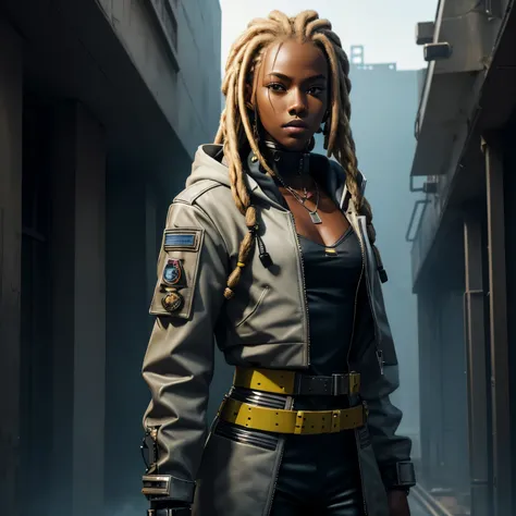 (futuristic), (outside), 1girl, (slender), blonde, (dreadlocks), (18 years old), (dark skin), (mercenary soldier),  slim face, half smile, (metal jacket), (hood), necklace, (belt), (cyber punk), yellow light, light face, (looking away)