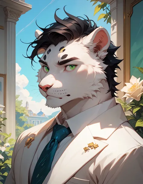 ( alone),(( is of the best quality)), ((masterpiece)), ( detailed), upper body, male anthropomorphic leopard, white fur ,White skin, white fur , short black hair , Green Eyes,Calm,Mature,Elegant,Casual wear, muscular ,