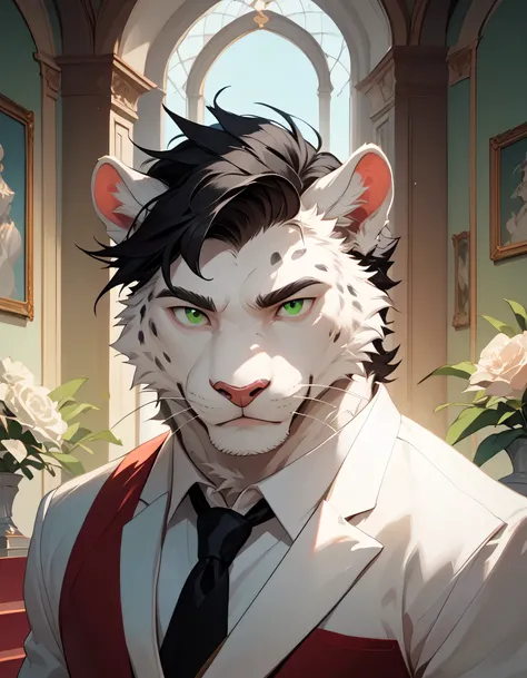 ( alone),(( is of the best quality)), ((masterpiece)), ( detailed), male anthropomorphic leopard, white fur ,White skin, white fur , short black hair , Green Eyes,Calm,Mature men,Elegant,Casual wear, muscular ,