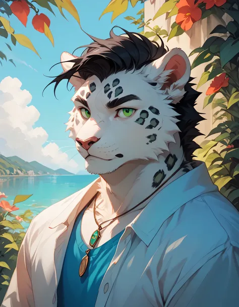 ( alone),(( is of the best quality)), ((masterpiece)), ( detailed), upper body, male anthropomorphic leopard, white fur ,White skin, white fur , short black hair , Green Eyes,Calm, mature, Casual wear, muscular ,
