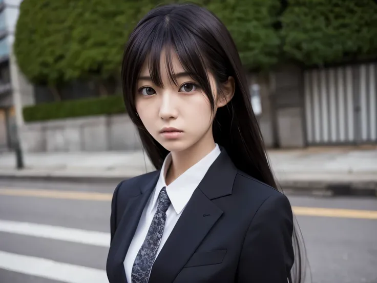 Slender women　 Japanese　 is wearing a suit　 troubled face　Anime/Manga