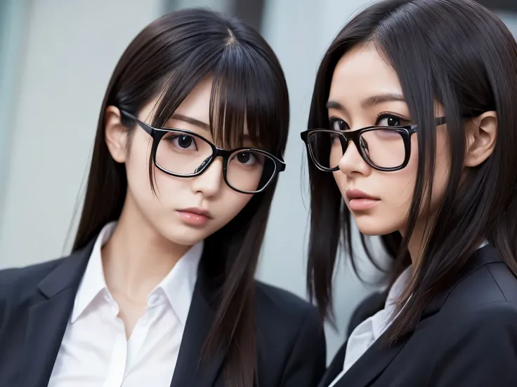 Slender women　 Japanese　 is wearing a suit　 wears glasses 　 troubled face　Anime/Manga