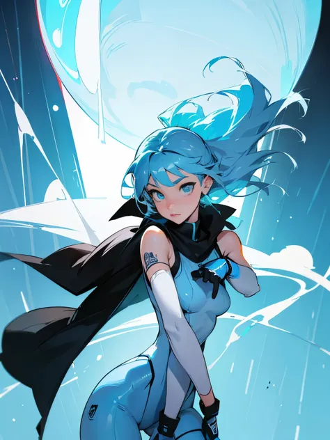 Medium height at 152.4 cm, with medium-length light blue hair with a lighter blue underlayer. Her left half of her body is robotic, while the right half is covered in neon blue tattoos. She has modest breasts and a slim figure, with a raised light blue mag...