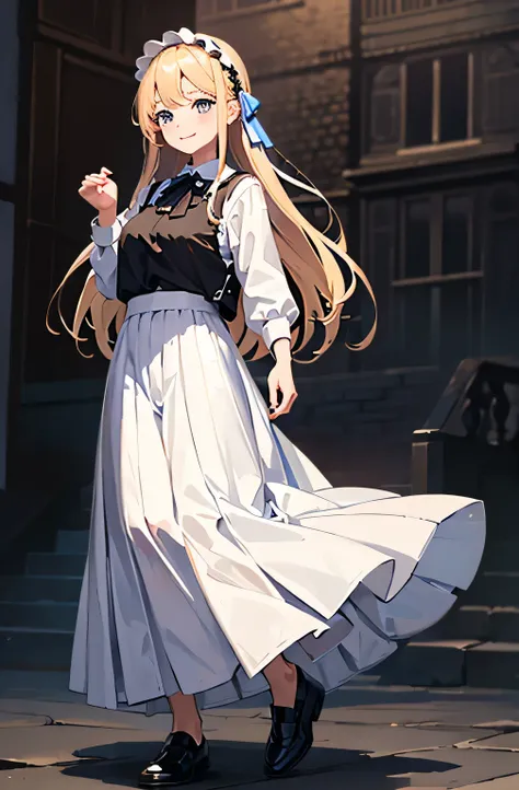 Village Girl、whole body、Character portrait、Directly facing、Place your hands in front of your body、clear、Blonde、 headband、black and white outfit、 long skirt、 dark brown loafers 、A gentle smile、beautiful、