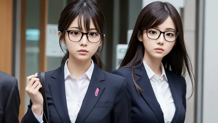 Slender women　 Japanese　 is wearing a suit　 wears glasses 　 troubled face　Anime/Manga