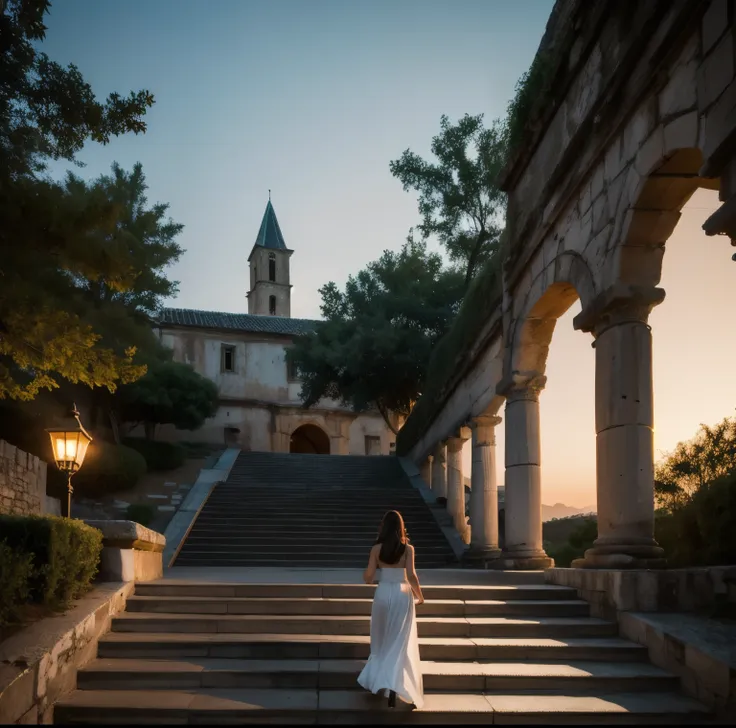 8K quality, Masterpiece,  bright artistic dusk lighting,  super real ,  high chroma, Ancient fortified city landscape pictures,  forest, High ground, (Back view on stairs :1.3), (Ass:1.2), White clothes