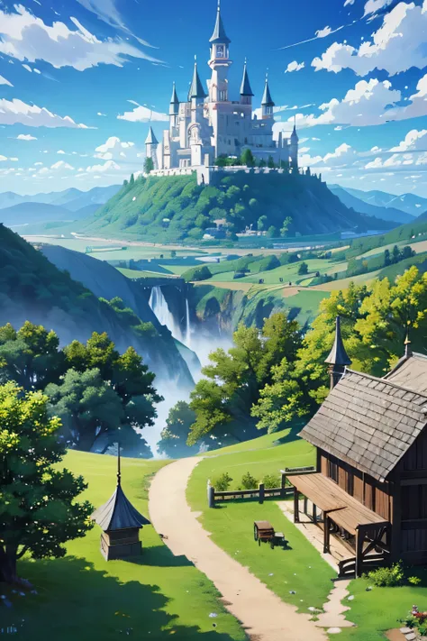 fantasy world, Anime, village in the mountains, pixel art style