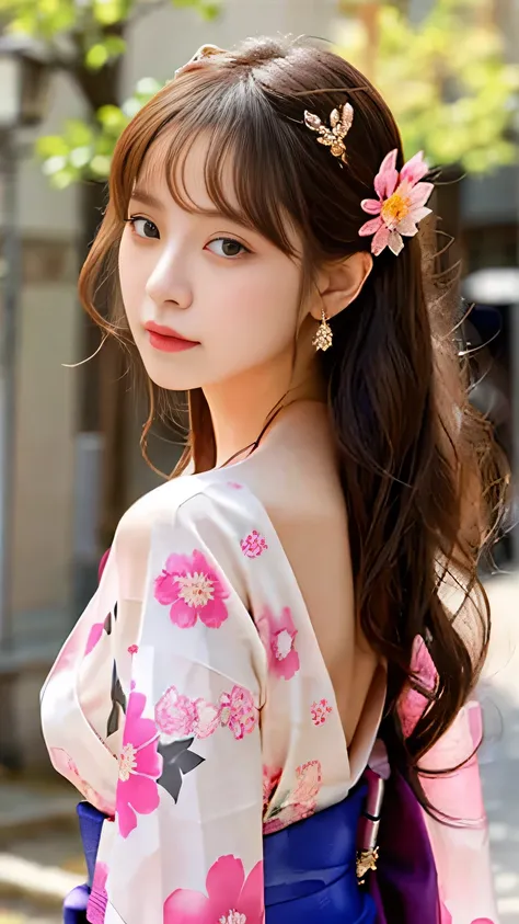 woman posing for a photo ( kimono_clothing、 dress:1.3)、柄のある kimono、half face 、beautiful figure、 beautiful brown eyes 、 long, wav...