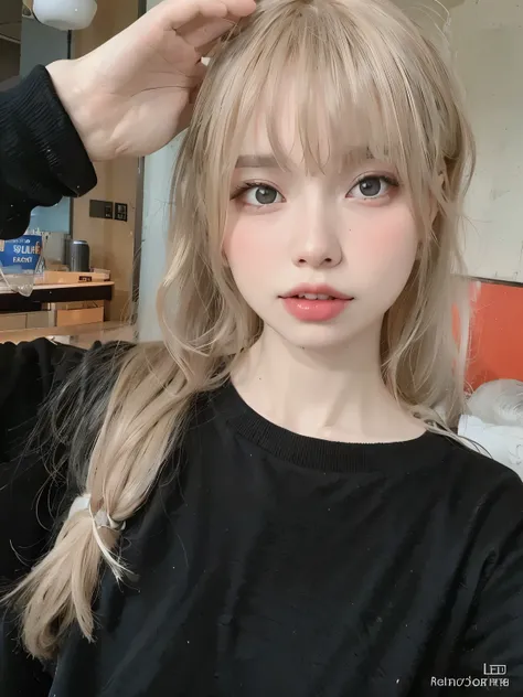Blonde woman with long hair in black shirt and black shirt, ulzzang, Lalisa Manobal, with bangs, cute bangs, cabelo arrumado with bangs, pale round face, 8k selfie photography, Korean, Heonhwa Choe, with bangs completa, very very pale blond hair, white fr...