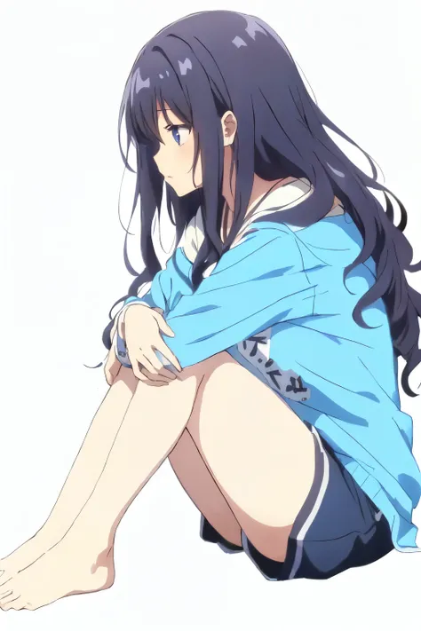  anime girl、Shorts、wavy hair、own hugging feet、(hair is frizzy:1.4)、 No Emotion、profile、