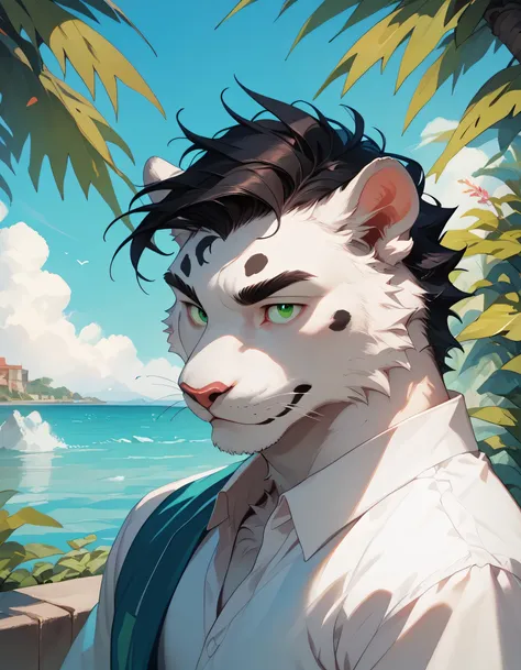 ( alone),(( is of the best quality)), ((masterpiece)), ( detailed), upper body, male anthropomorphic leopard, white fur ,White skin, white fur , short black hair , Green Eyes,Calm,Mature men,Elegant,Swimming trunks, muscular ,