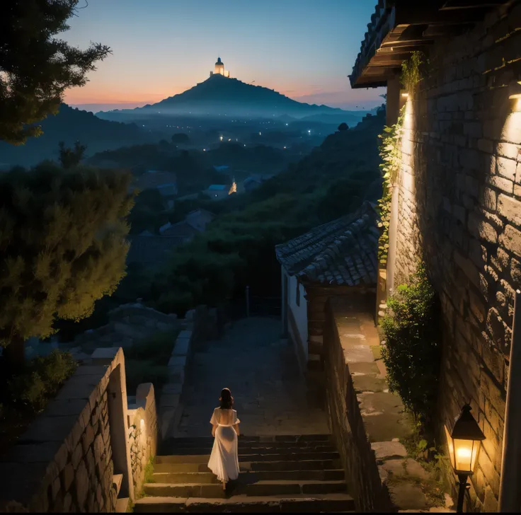 8K quality, Masterpiece,  bright artistic dusk lighting,  super real ,  high chroma, Ancient fortified city landscape pictures,  forest, High ground, (Back view on stairs :1.3), (Ass:1.2), White clothes