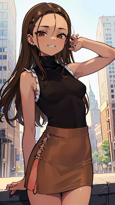 ((masterpiece、 best quality、 very detailed ))、 one girl 、(( brown skin :1.3))、Brown Hair、 long hair、((bold、slicked back))、 Brown Eyes 、evil smile、((lots of piercing))、 smaller breasts、((white sleeveless turtleneck))、((brown pencilskirt))、((micro miniskirt)...