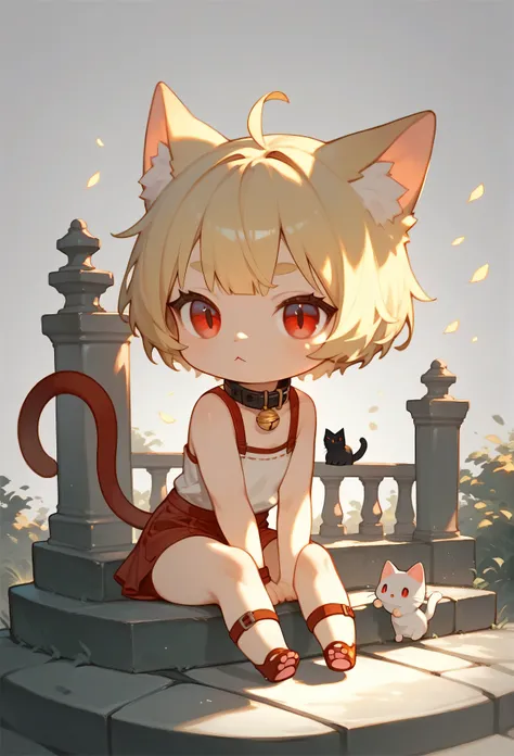  score_9,  score_8_up,  score_7_up,  score_6_up,  score_5_up,  score_4_up, chibi style, (cat),Blonde, shortcut , Black collar,  red eyes, cat eyes,  red ribbon,   sitting on the stone steps,  simple background