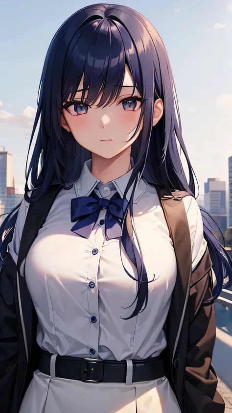 little anime girl character with flowing dark blue hair, and wearing a school uniforms, with a background in the city, (best quality:1.1), (masterpiece:1.2), high quality shadow, beautiful detailed, (high detailed skin, skin details), (wide_landscape, 8k),...