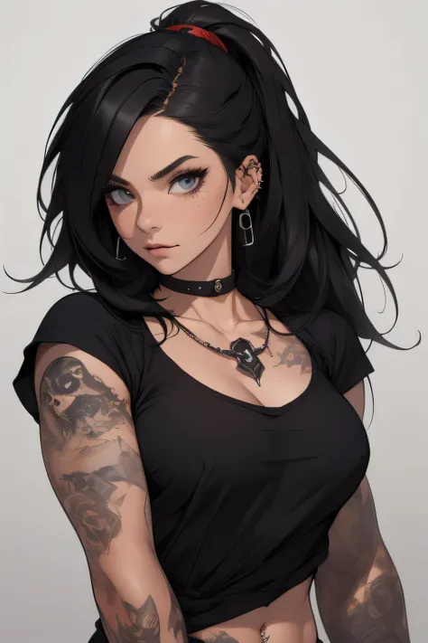 1girl, goth fashion, black lips, jewelry, black nails, solo, black hair, tattoo, earrings, ring, shirt, necklace, black shirt, spikes, piercing, bracelet, looking at viewer, choker, makeup, breasts, long hair, ear piercing, upper body, arm tattoo, nose pie...