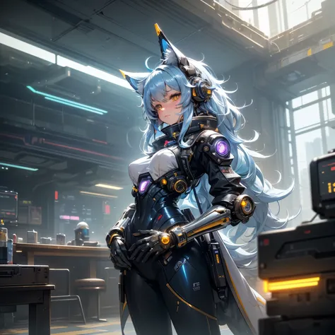  Adorable Automaton girl , (best quality), highly detailed,  ,  a cute Lolita girl , (mechanicalasas:golden, glowing eyes :blue, goldenrarmor:1.2, hairy ears:0.8, Two-color gradient hair), long furry tail , (cyberpunkcity:1.5,  holding a biological stun bl...