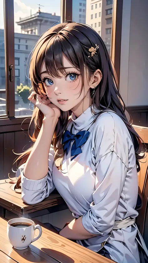 masutepiece, Best Quality, 1girl in, Solo, Long hair, put on glasses，window, Sitting, Indoors, The table, sleeves past wrists, cafes, coffee cup，Hair Bow, head rest, Closed mouth, Blue sweater, Upper body