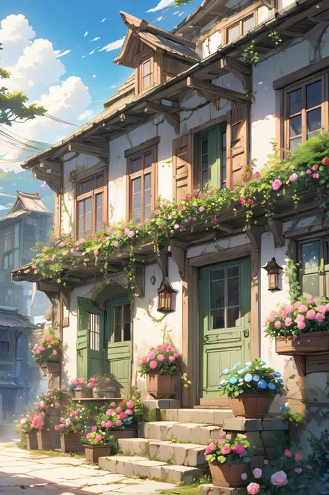  painting the exterior of a small three-story Western-style building , White wall, Light green doors and windows, Pink rose flower, Flower Vine,  Animated Background Art ,  relaxation concept art, Anime scenery concept art,  very detailed scene , Beautiful...