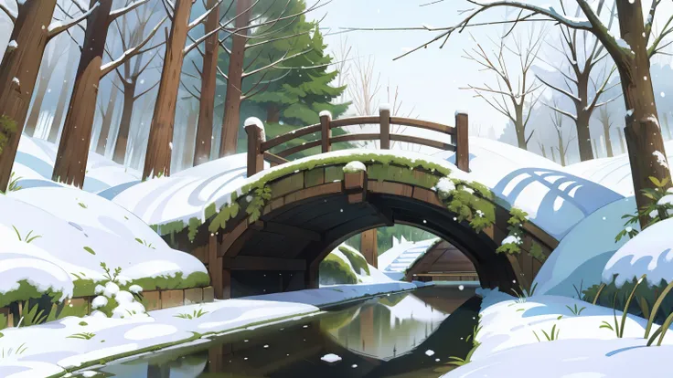 studio ghibli , snow ,forest ,natural ,winter ,Bridge over the canal