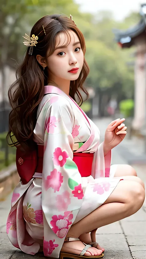 woman posing for a photo ( kimono_clothing、 dress:1.3)、柄のある kimono、half face 、beautiful figure、 beautiful brown eyes 、 long, wav...